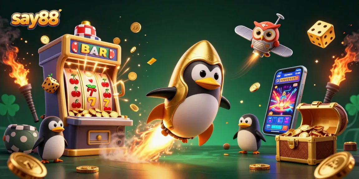 Experience the thrill of say88 with a vibrant scene of a golden penguin in a cosmic casino adventure.
