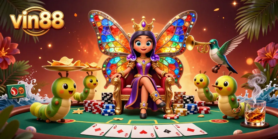Experience vin88's vibrant casino scene with a butterfly queen and poker elements.