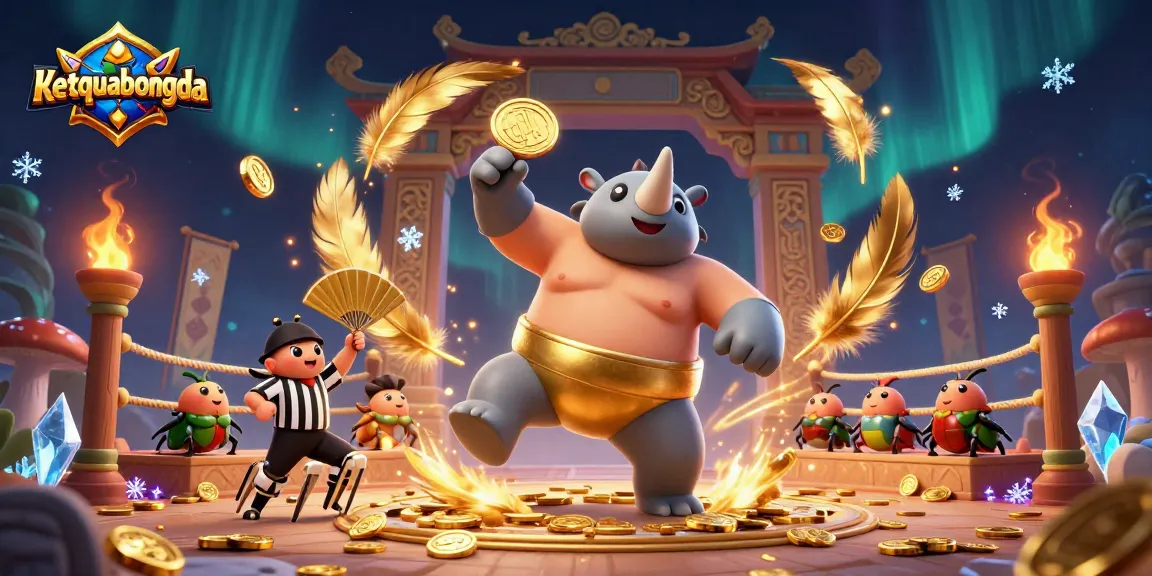 Join the adventure with ketquabongda as the sumo champion beetle stomps for gold in a festive gambling arena.