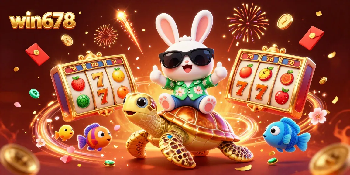 Spin the reels and win big with the delightful win678 lucky rabbit in this vibrant casino scene.