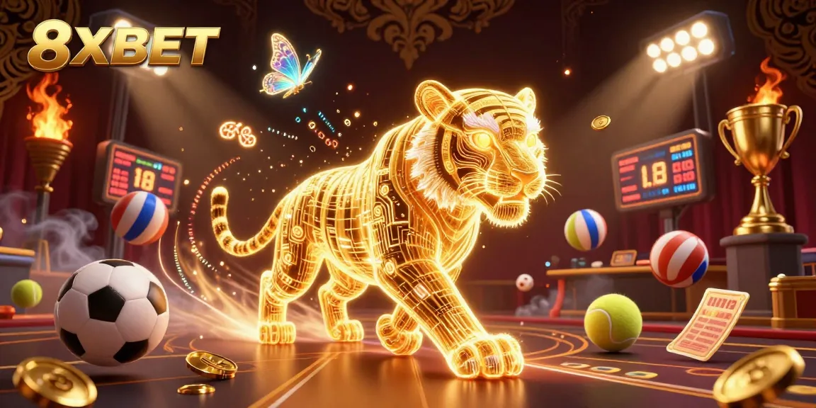 Experience the excitement of 8XBET with dynamic 3D casino elements and a neon golden tiger.