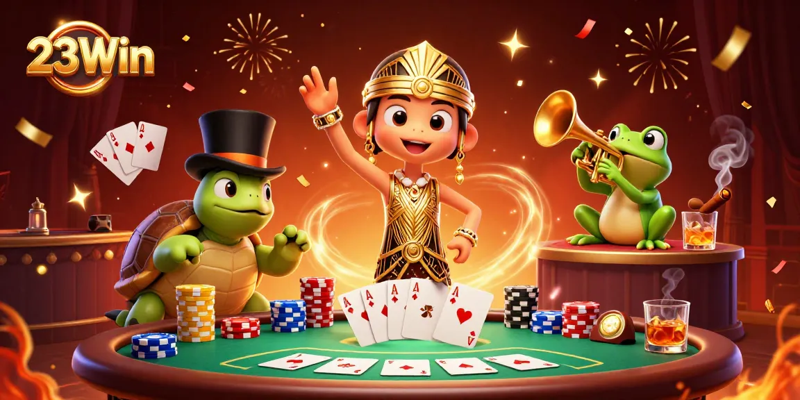 Experience thrilling wins with 23Win's vibrant 3D casino characters in an exciting gambling scene.