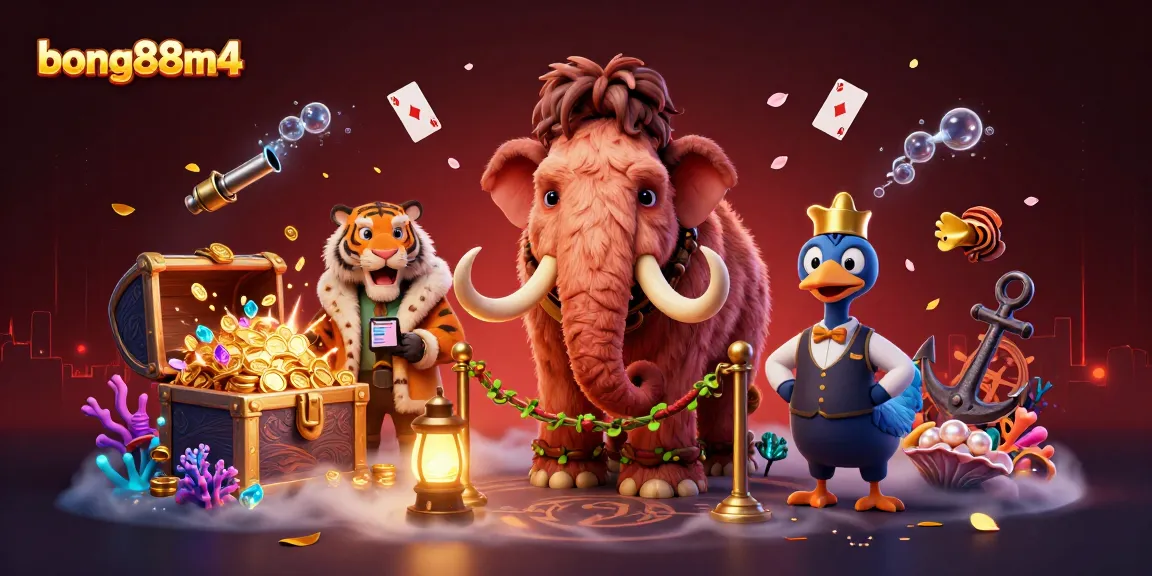 Bong88m4 engages users with a vibrant 3D casino scene featuring a woolly mammoth bouncer and underwater treasures.