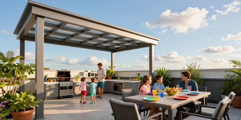 Moderne Terrassenüberdachung mit einer Familie beim Grillen im Freien.