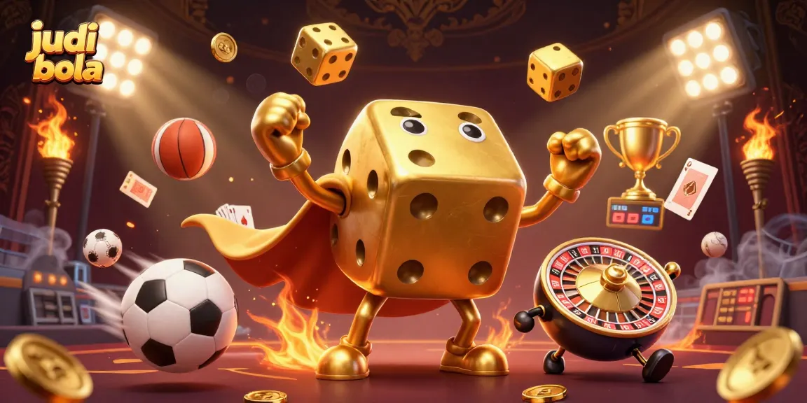 Menang taruhan judi bola dengan karakter kartun 3D mewah, dikelilingi bola olahraga dan elemen taruhan.