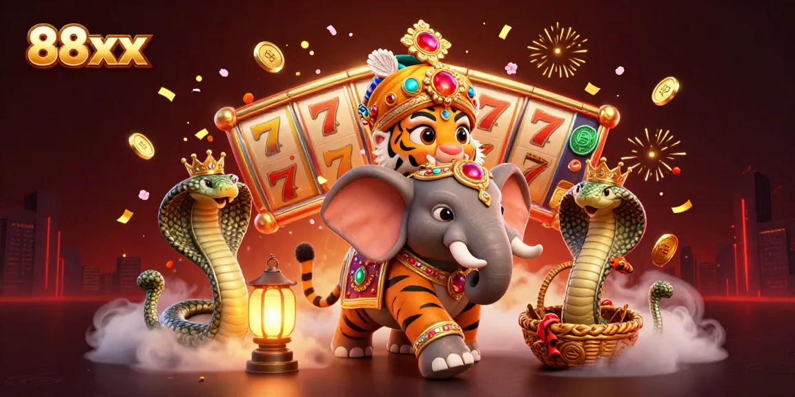 Experience the excitement of 88xx casino with a vibrant 3D scene featuring a majestic tiger and cheerful atmosphere.