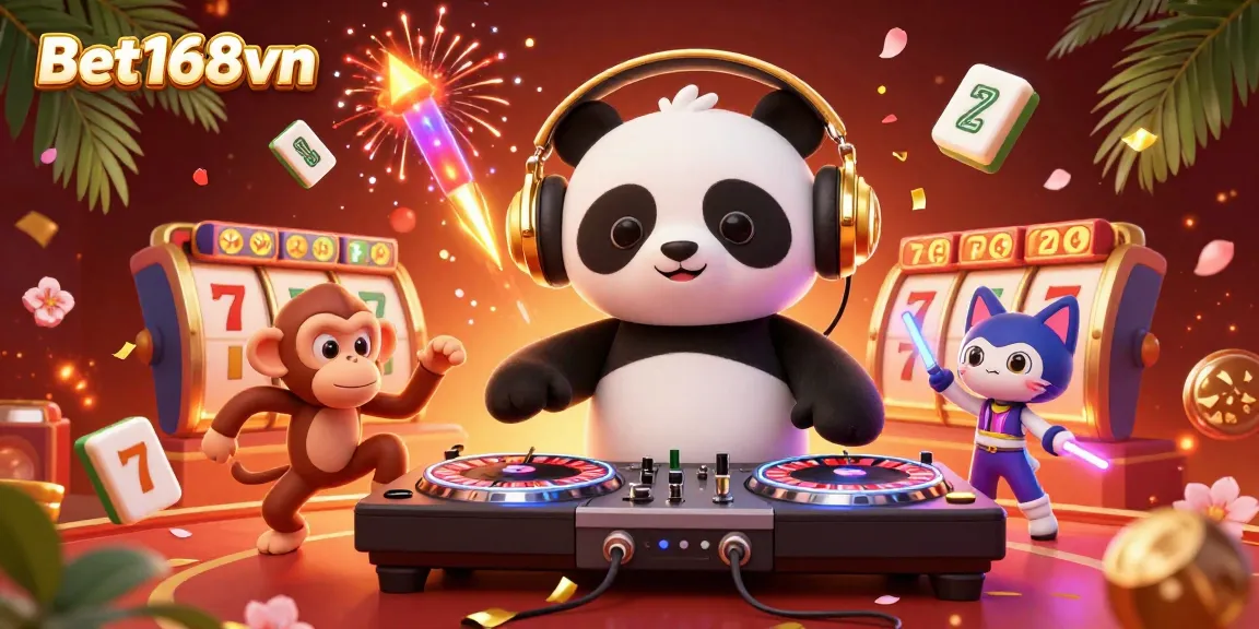 Experience thrilling wins at Bet168vn with a vibrant 3D casino scene depicting a DJ panda, dancing monkey, and rave kitten.