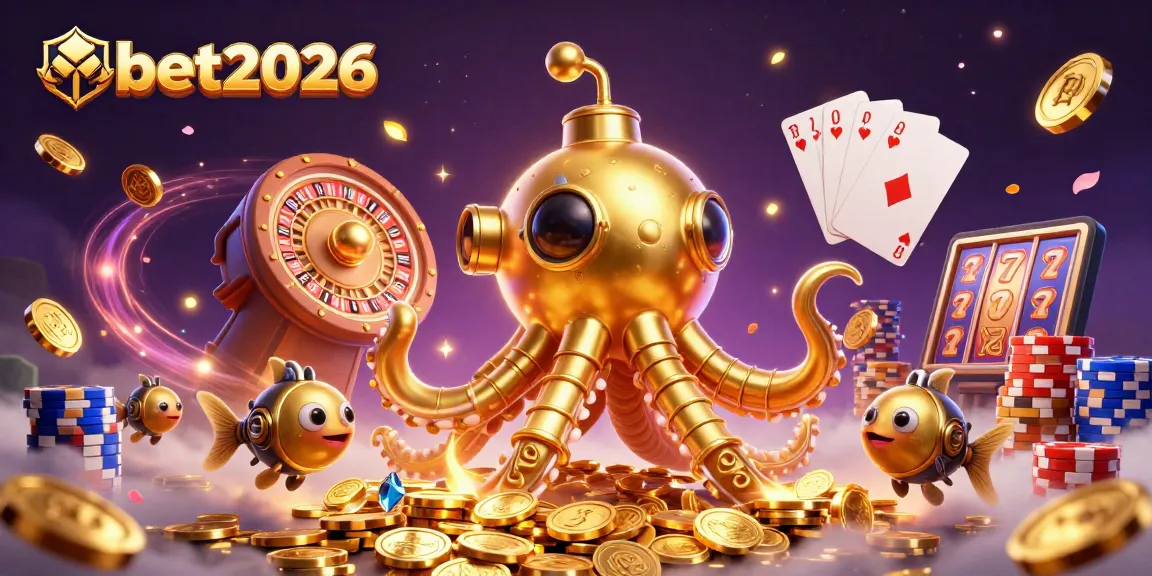 Experience nbet2026 with a golden kraken submarine amidst coins and dynamic casino elements.