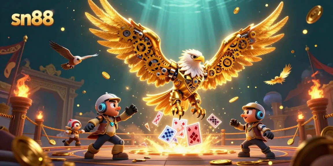 Experience thrilling gameplay at sn88 with a dynamic 3D illustration featuring golden eagle and casino elements.