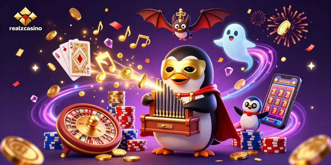 Erlebe die dynamische Welt von realzcasino mit einer Szene, die reich an Spielautomaten, Gewinnsymbolen und festlichem Glanz ist.