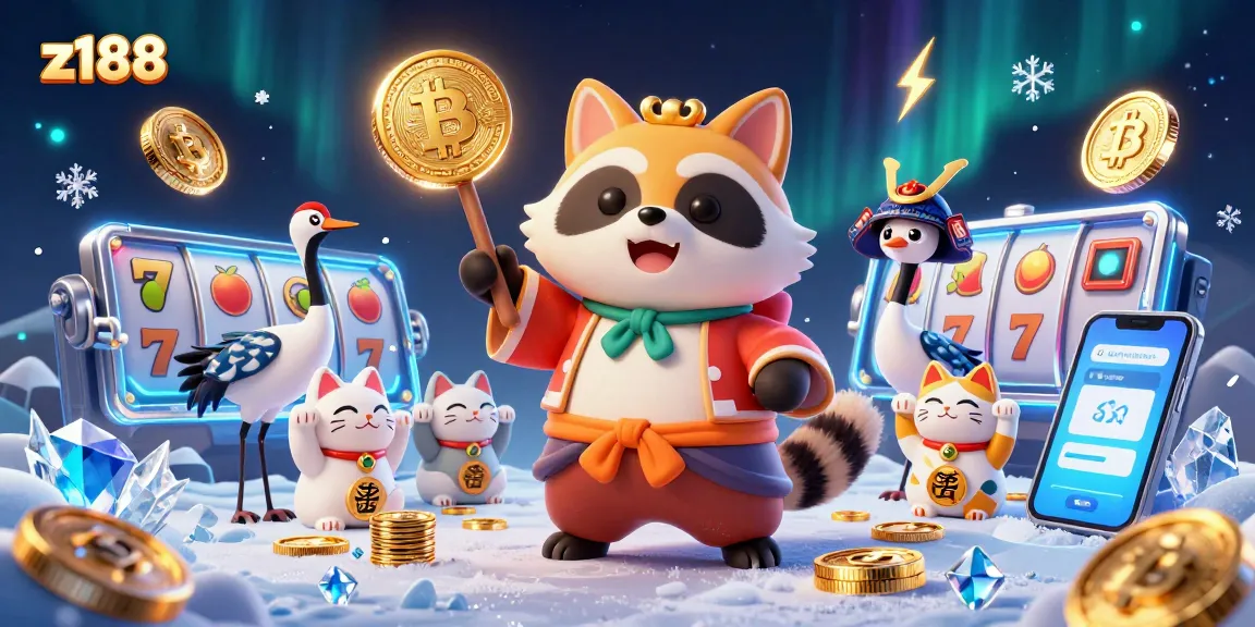 Engage with z188 casino visuals featuring a cheerful tanuki, crypto elements, and dynamic slot game action.