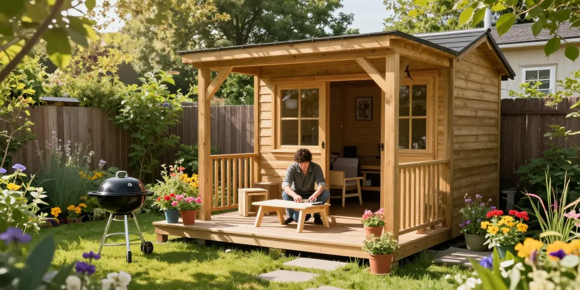 Gartenhaus Holz von McGarden24 in blühendem Garten mit Möbelmontage.