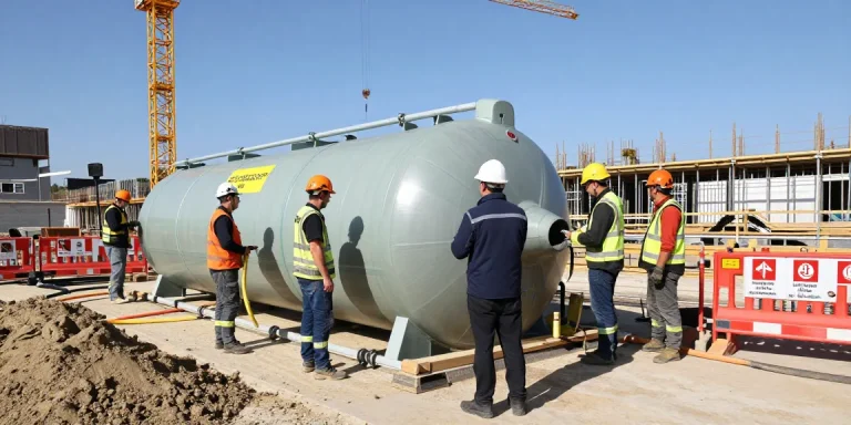 Professionelle Installation einer 100 m³ Löschwasserzisterne mieten auf einer Baustelle mit Teamarbeit.