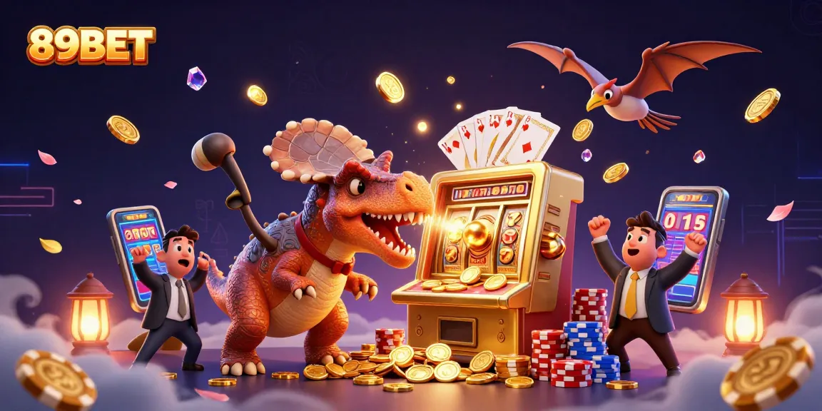 Engage with 89BET's vibrant casino world as a pachycephalosaurus wins jackpot coins at a golden slot machine.