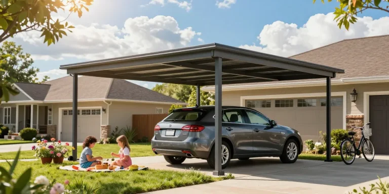 Moderne Carport-Installation mit einem Auto, einer Familie beim Picknick und blühenden Gartenblumen.