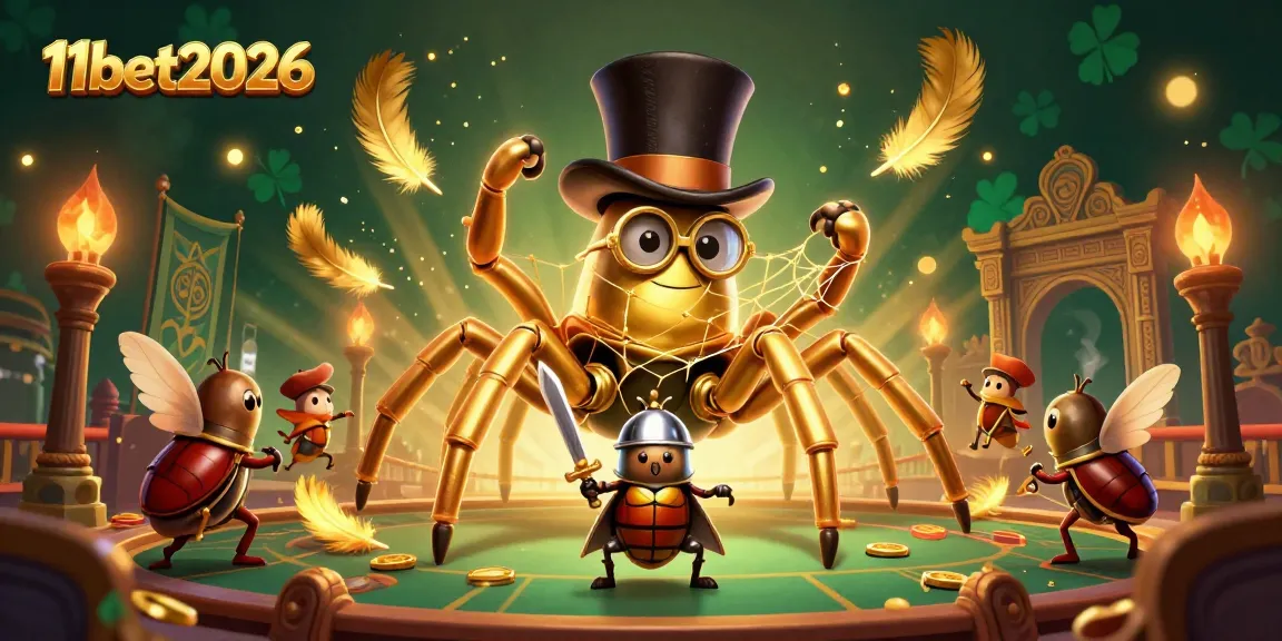 Experience the vibrant action of 11bet2026 with a giant golden tarantula weaving its web amidst exciting casino elements.