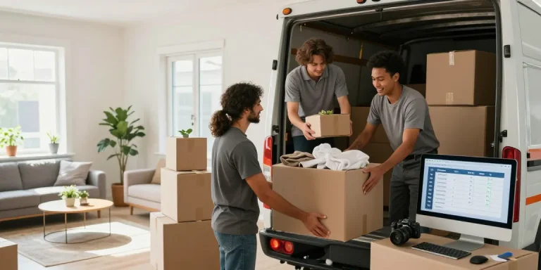 Umzugsunternehmen Speyer - freundliches Umzugsteam packt sorgfältig Möbel und Kartons in einem modernen Apartment.