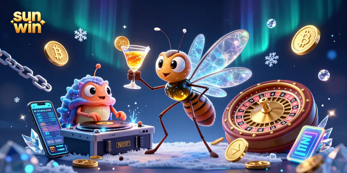 Experience thrilling gameplay with sun win as a frozen mosquito mascot, alongside casino-style elements.