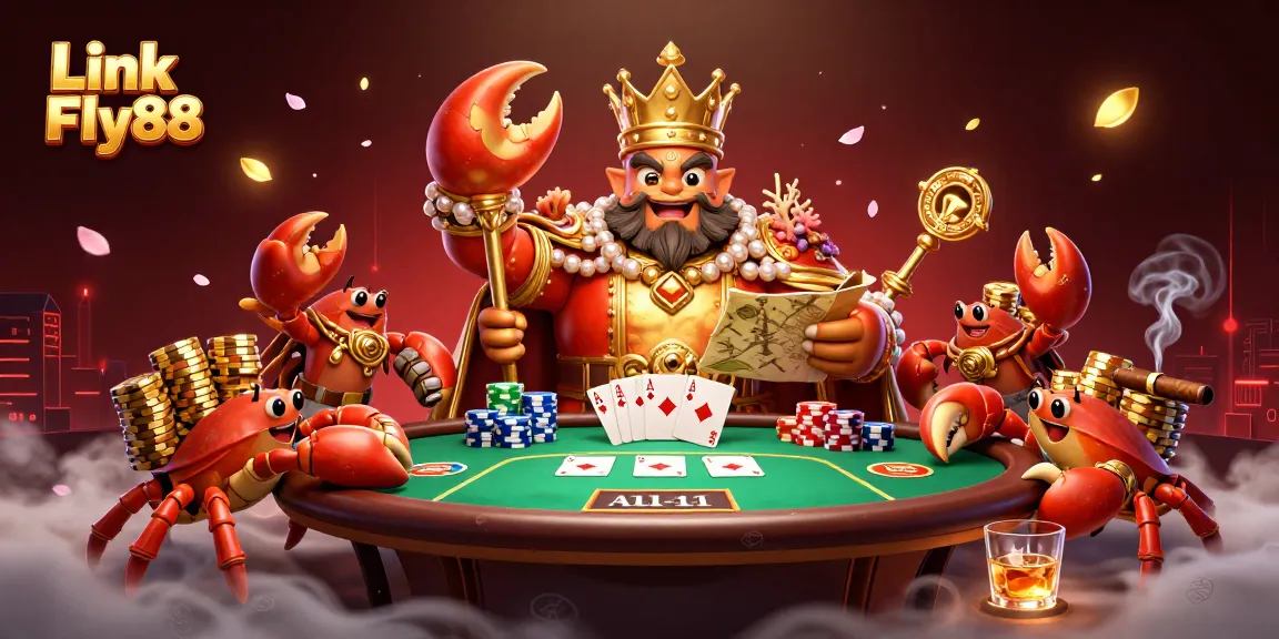 Link Fly88 features a golden crab emperor with gaming elements, surrounded by vibrant casino imagery.