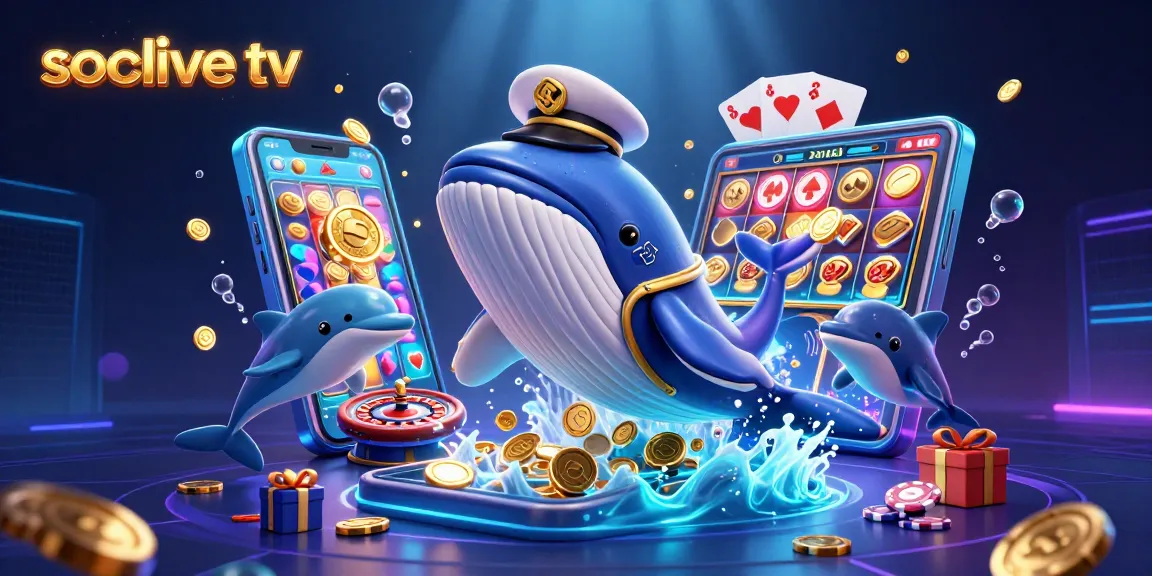 Socolive tv showcases an exciting virtual casino scene with playful dolphins and a giant whale, surrounded by vibrant gaming elements.