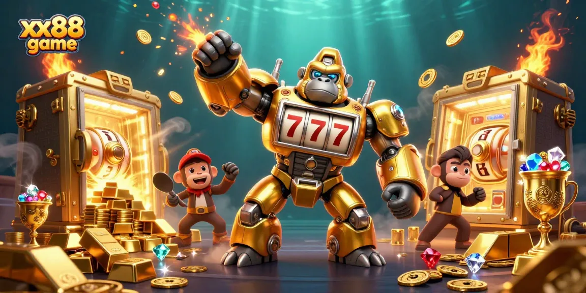 Experience thrilling xx88 game action with golden gorilla mech amidst treasure vaults and sparkling jewels.