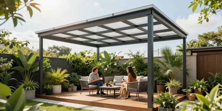 Kaffeetrinkendes Paar unter einer freistehenden Terrassenüberdachung, umgeben von grünem Garten.