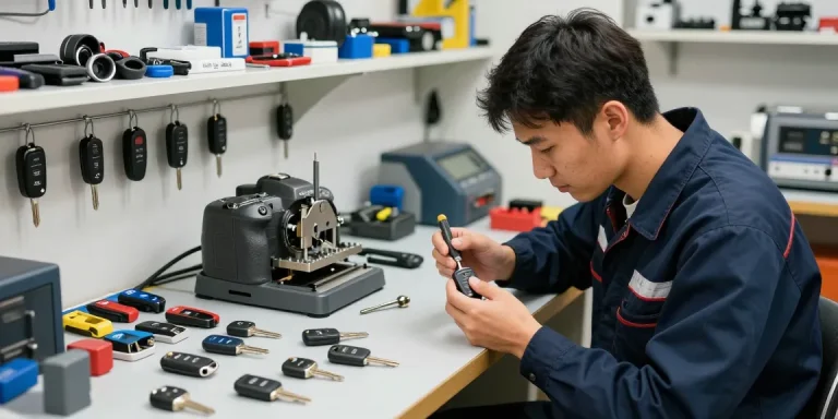 Hier klicken für eine professionelle Werkstatt, in der ein Schlüsseltechniker an Autoschlüsseln arbeitet.