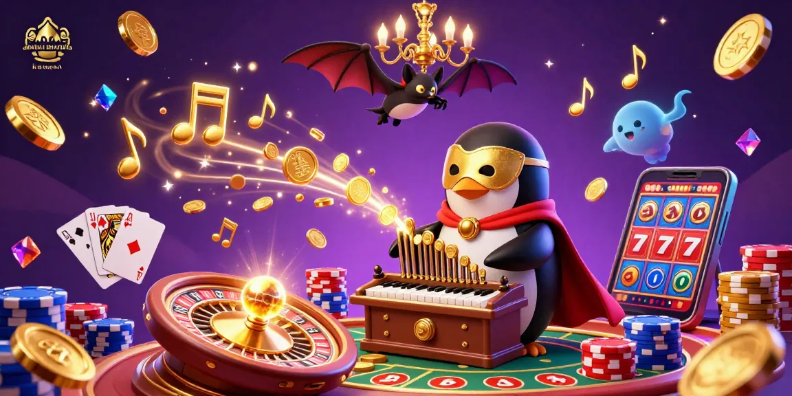 Amanita muscaria kaufen highlights a whimsical casino scene with a penguin playing a pipe organ, amid flying coins and gems.