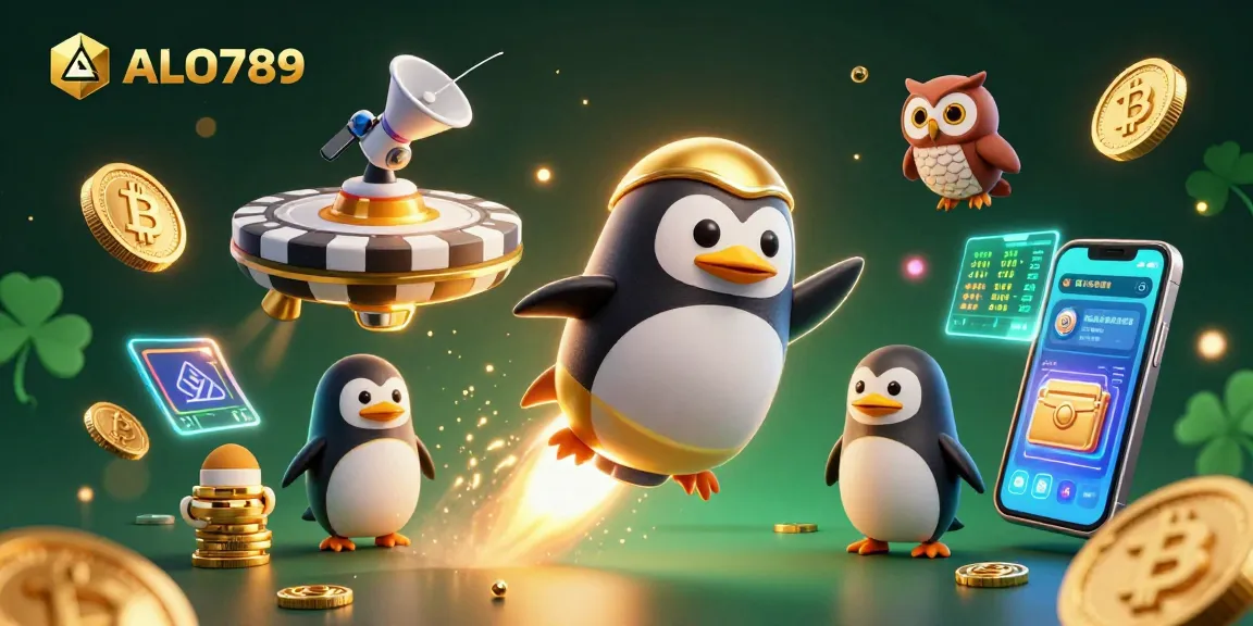 Engage with ALO789's digital casino experience featuring golden penguins and vibrant crypto elements.