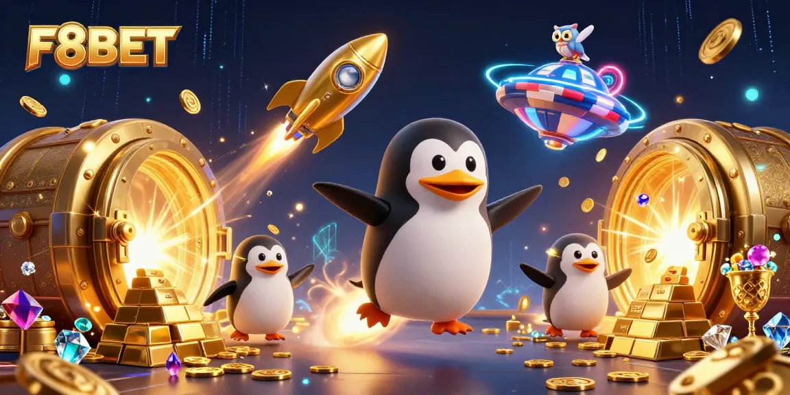 F8BET showcases a golden penguin soaring through a cosmic casino filled with treasure.