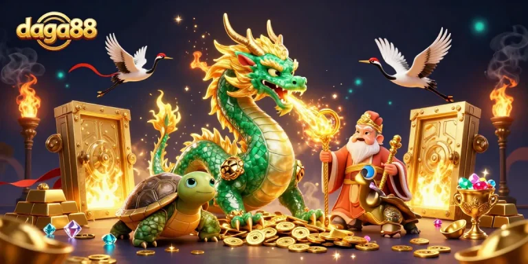 Experience live cockfighting action and excitement with daga88 featuring a dynamic 3D scene of epic characters.