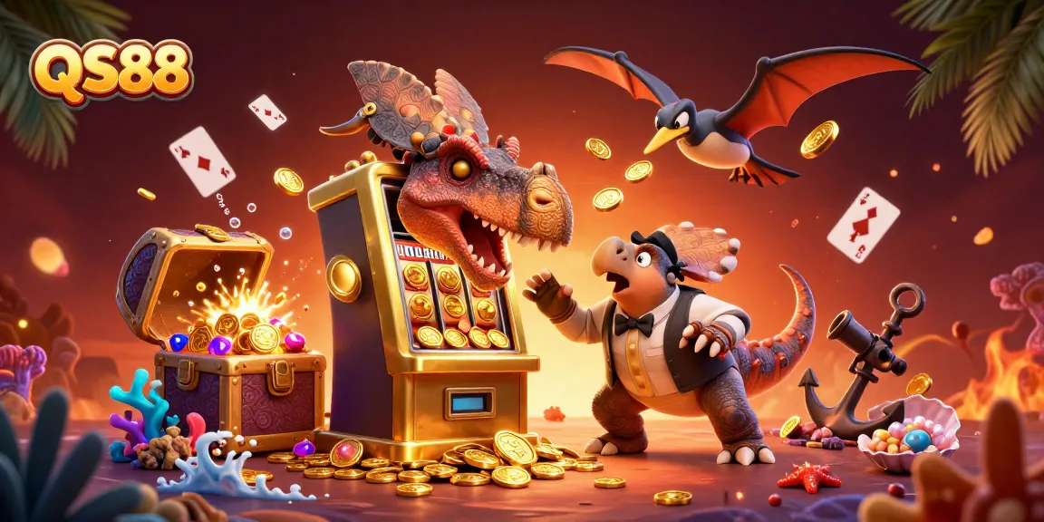 QS88 showcases a pachycephalosaurus winning jackpots at a casino, highlighting excitement.