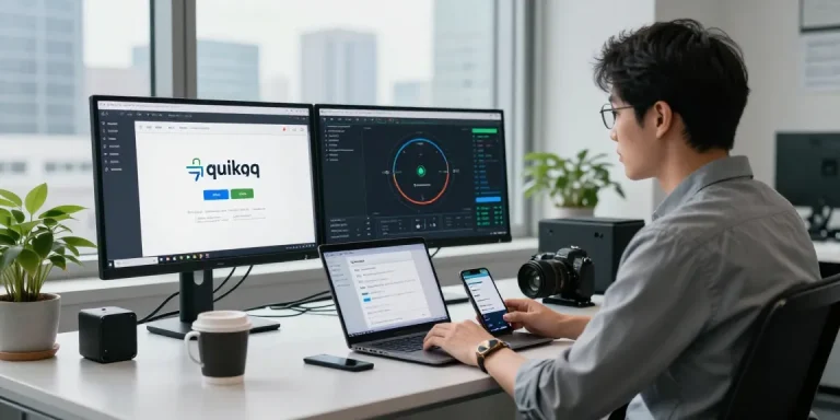快速连接与高效网络体验的 quickq官网 办公室场景，技术人员专注工作。