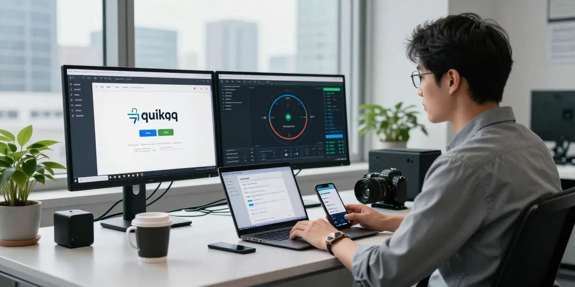 快速连接与高效网络体验的 quickq官网 办公室场景，技术人员专注工作。