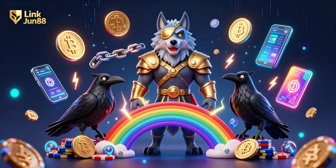 Win big with Link Jun88 in a vibrant 3D casino-themed illustration featuring Odin and ravens!