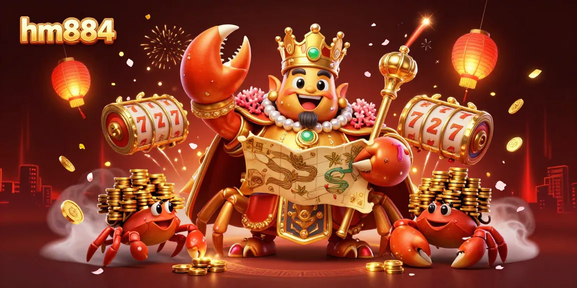 Experience the excitement of hm884 with a vibrant 3D casino scene featuring a golden crab emperor and dynamic game elements.