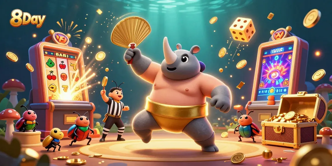 Join the excitement at 8Day with a colorful casino illustration showcasing thrilling jackpots and vibrant gaming action.