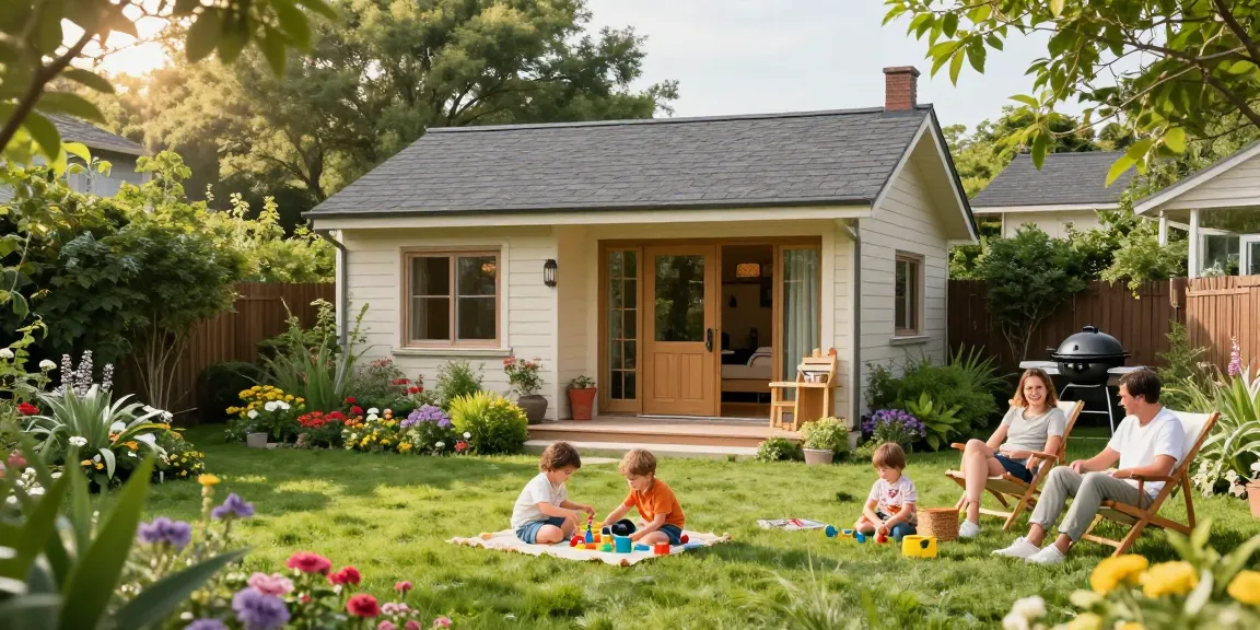 Ein stilvolles Gartenhaus umgeben von bunten Blumen und einer Familie, die die Natur genießt, ideal für Gartenliebhaber.