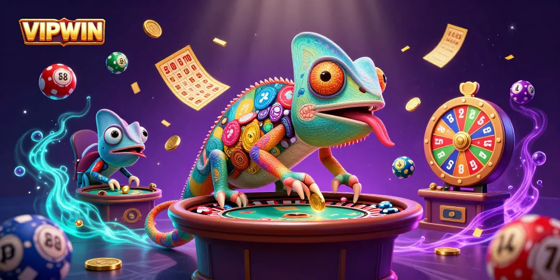 Experience VIPWIN with vibrant lottery balls, a golden chameleon casino owner, and dynamic gaming elements in a colorful scene.