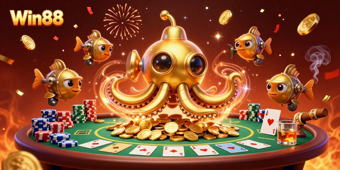 Win88's ocean-themed casino adventure features a golden kraken and sparkling poker elements.