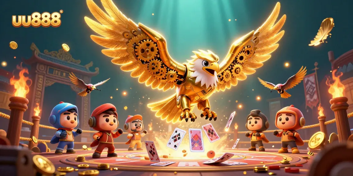 Engage in thrilling games at uu888, featuring a golden eagle diving through playing cards and immersive casino elements.