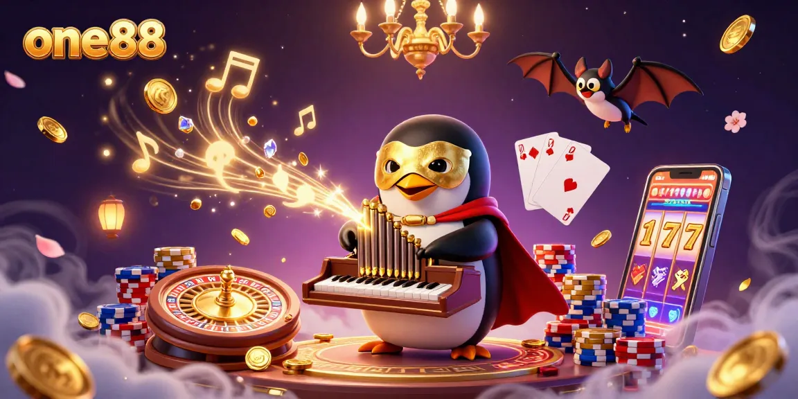 Win with one88 at an online casino featuring a penguin playing music that shoots gold coins.