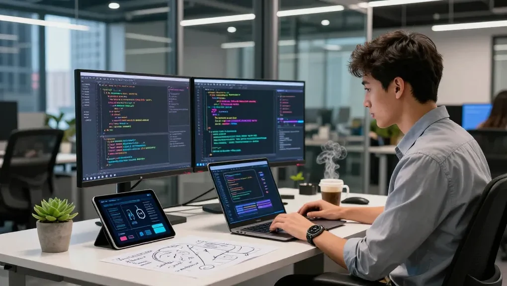 Building internal tools with AI in a vibrant tech workspace with a laptop, monitors, and flowcharts.