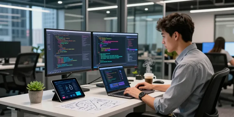Building internal tools with AI in a vibrant tech workspace with a laptop, monitors, and flowcharts.