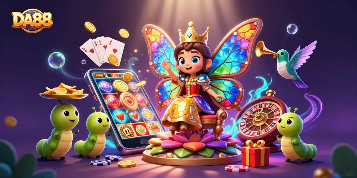 Spin to win with DA88 in a majestic casino kingdom featuring a butterfly queen.