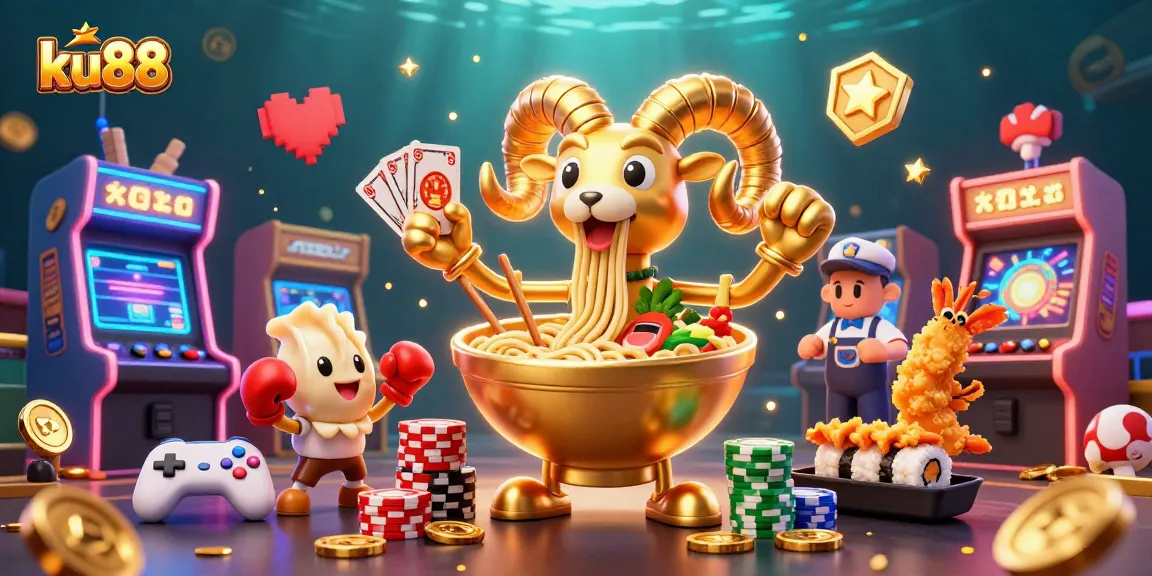 ku88 showcases a vibrant casino scene featuring a ramen bowl dealer and sushi sidekick surrounded by gaming excitement