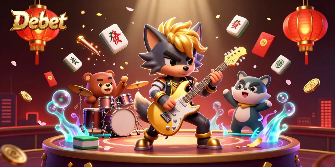 Experience thrilling action on Debet stage with cartoon wolf rock star and drummer bear in vibrant casino atmosphere.