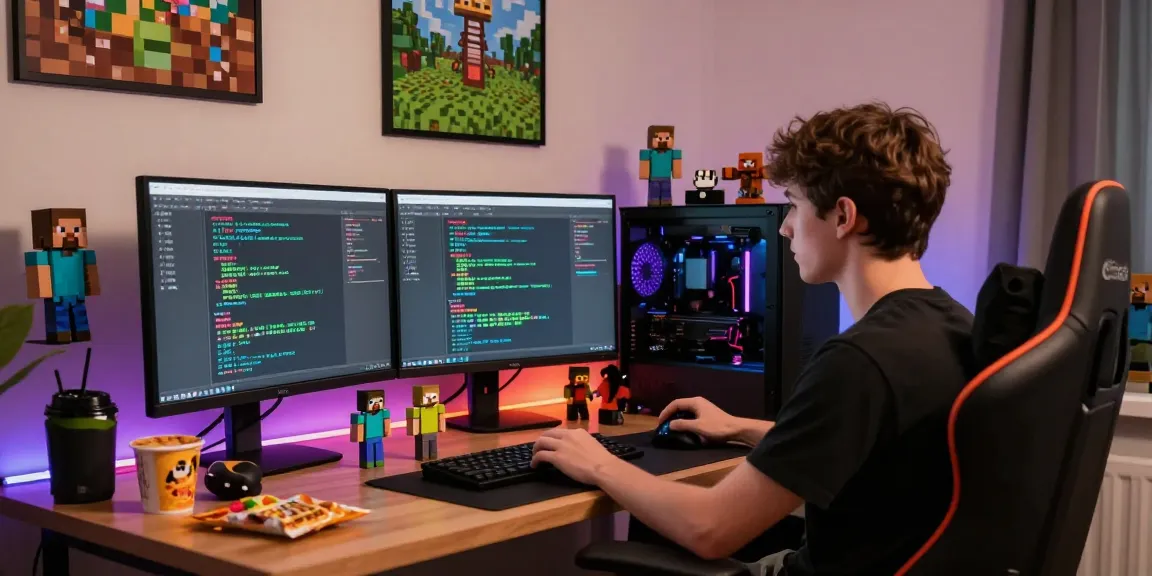 Użytkownik dostosowujący serwer Minecraft na komputerze z wieloma monitorami i akcesoriami gamingowymi.