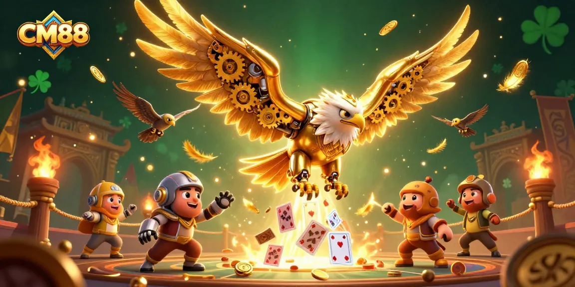Experience the thrills of CM88 with a dynamic 3D scene featuring a cybernetic eagle among holographic cards.