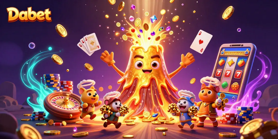 Dabet showcases a vibrant casino scene with a golden volcano erupting coins and a slot machine, evoking thrilling wins.